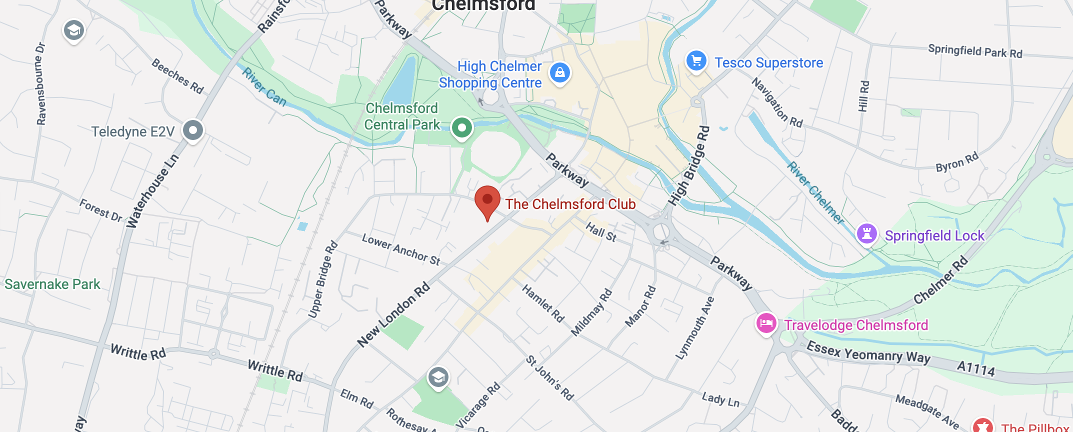 Map showing The Chelmsford Club at 108 New London Road