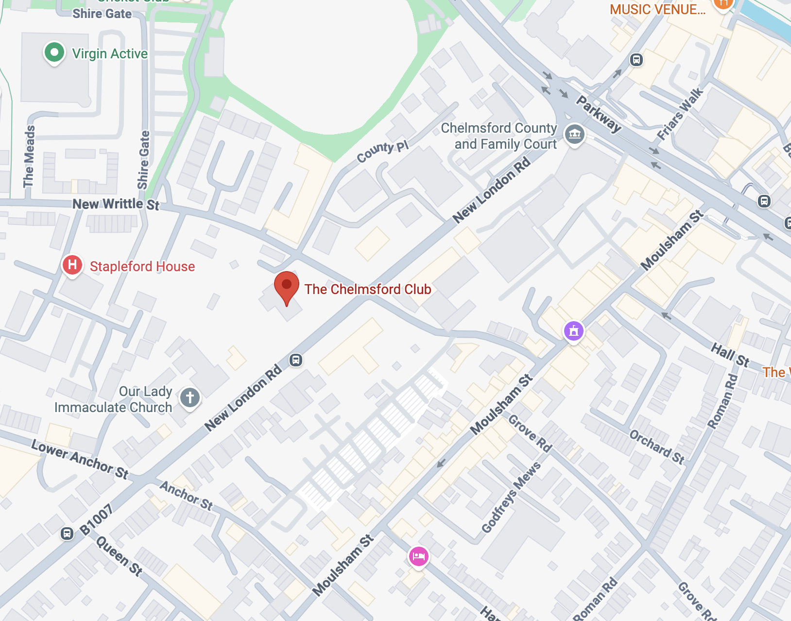 Map showing The Chelmsford Club at 108 New London Road